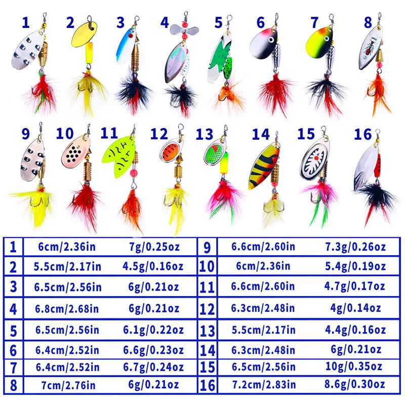 16PCS Spinner Lures Metal Bait Fishing Lure Spinnerbait