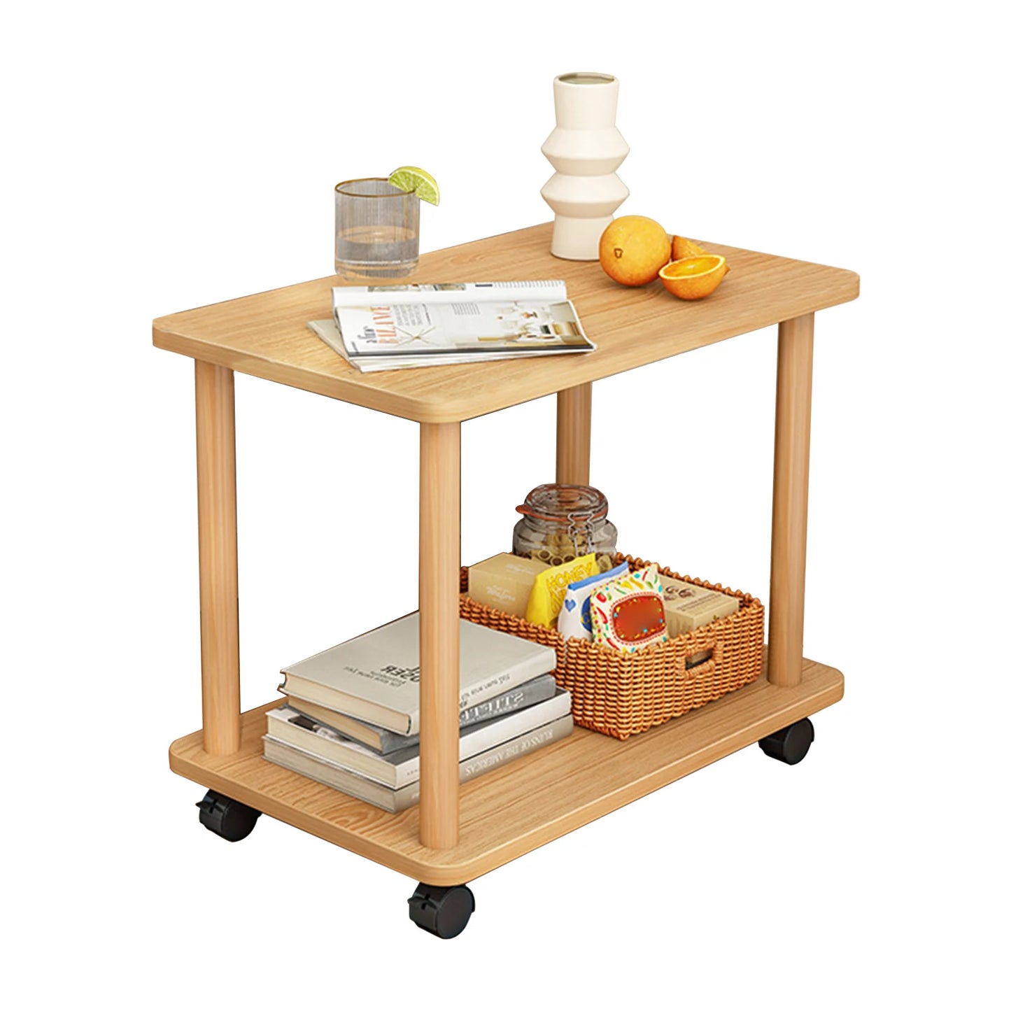 360 Degree Swivel Solid Wood Side Table With Tiered Shelf