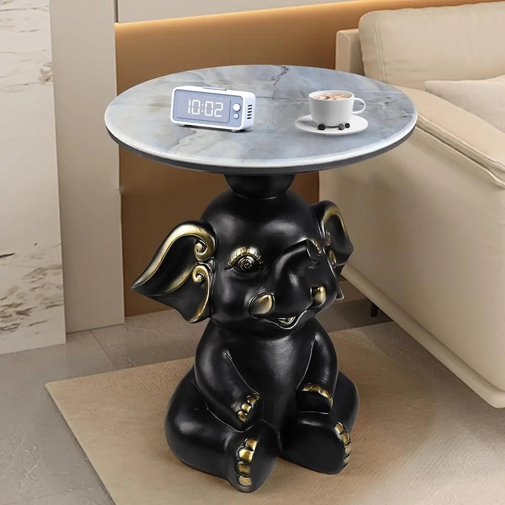 Contemporary Elephant Base Side Table With Faux Marble Top