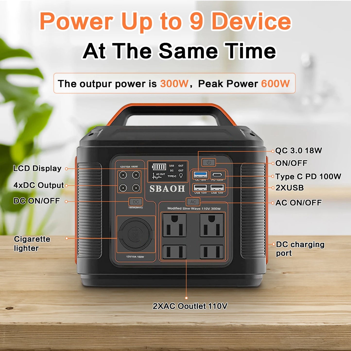 Portable Power Station 300W 296Wh Solar Generator Quick Charge 110V AC Outlets DC Ports and LED Flashlight
