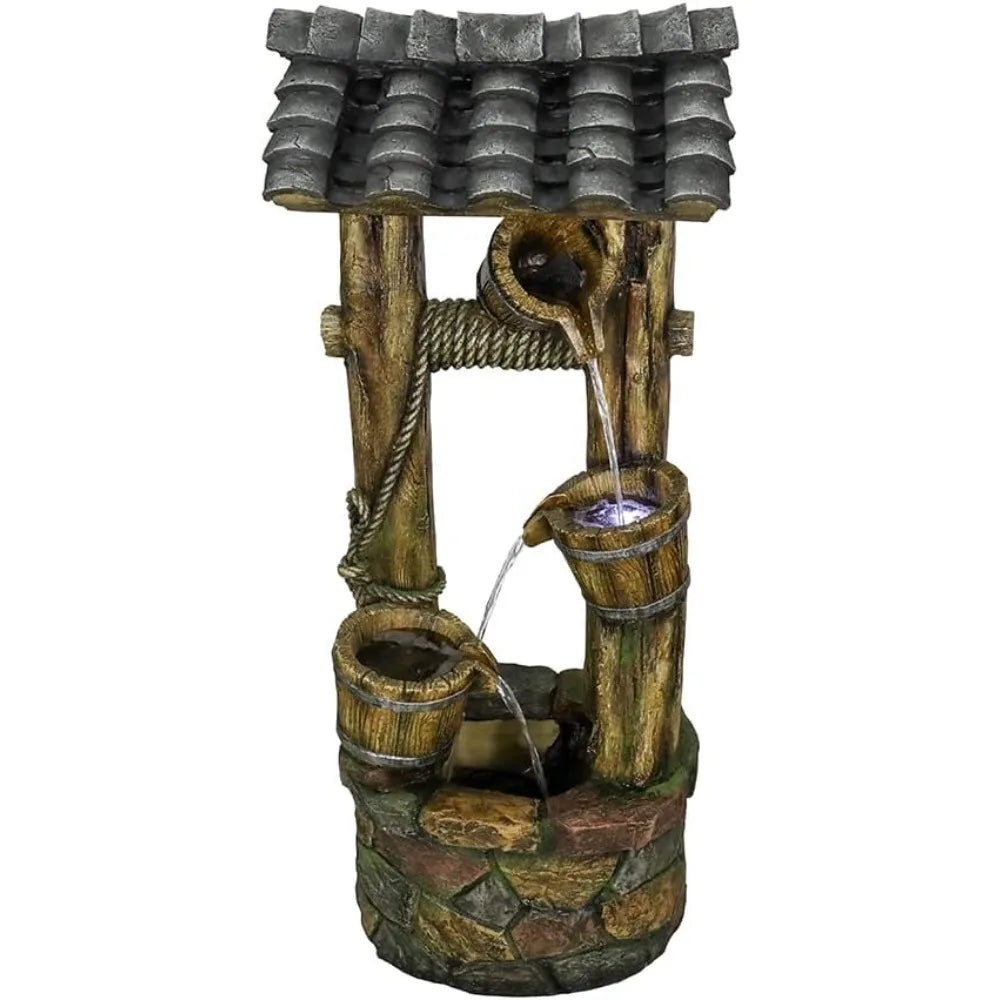 Rustic Wishing Well Water Fountain with Cascading Waterfall