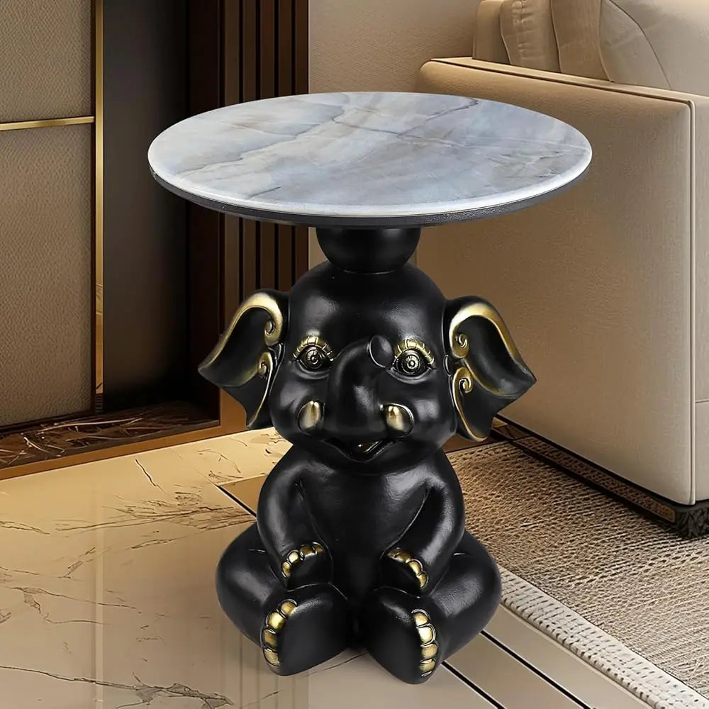Contemporary Elephant Base Side Table With Faux Marble Top