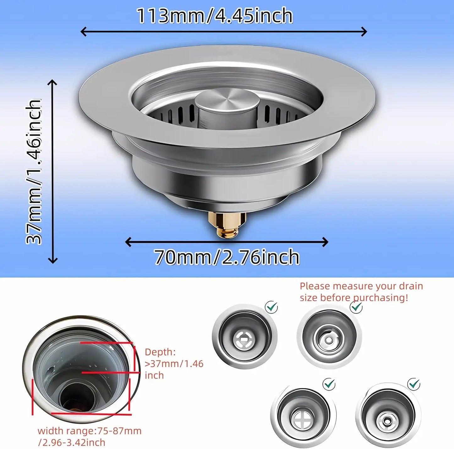 Universal 3 In 1 Kitchen Sink Drain Strainer Stopper