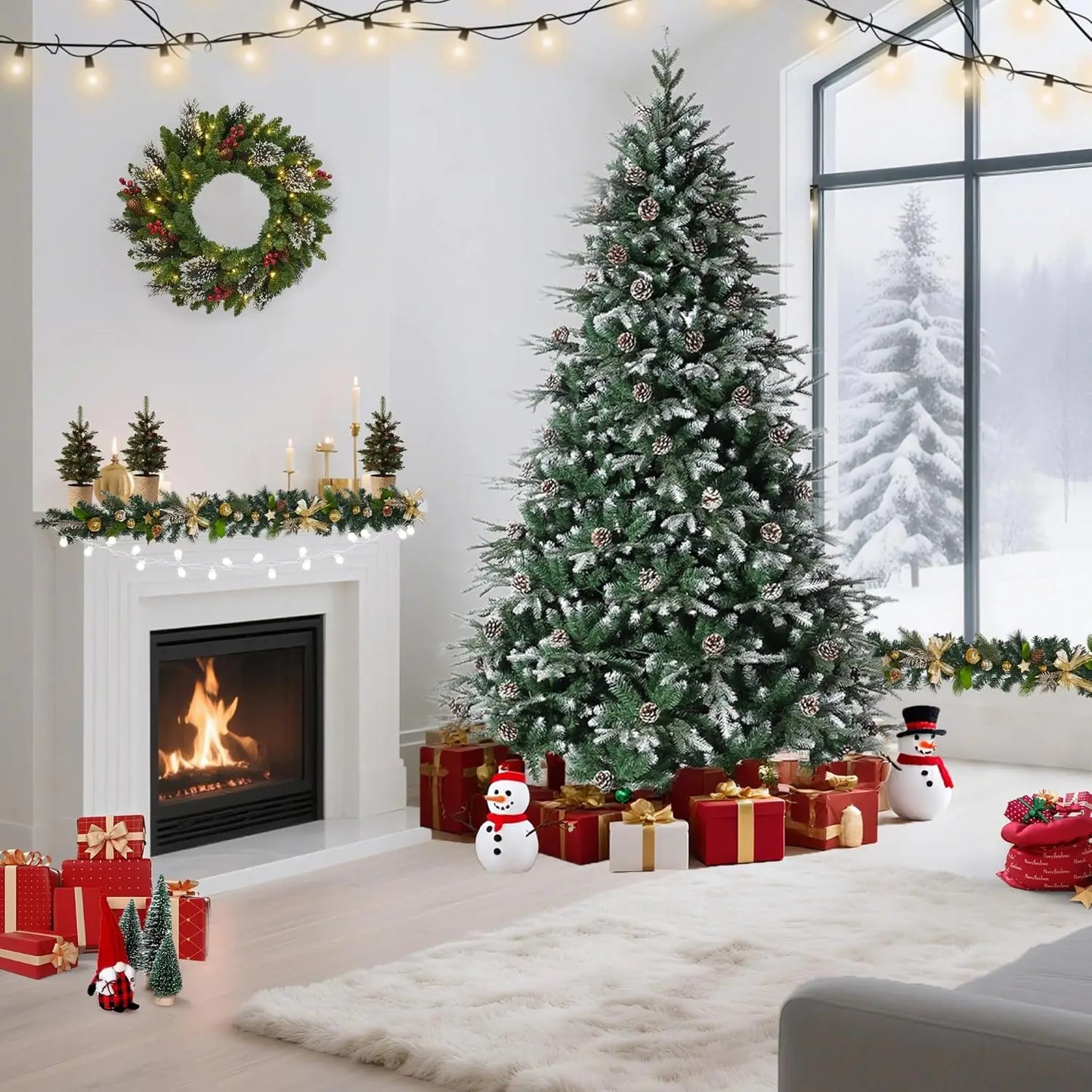 Luxurious Snowflocked Christmas Tree Featuring Eight Mode LED Lighting Pinecones