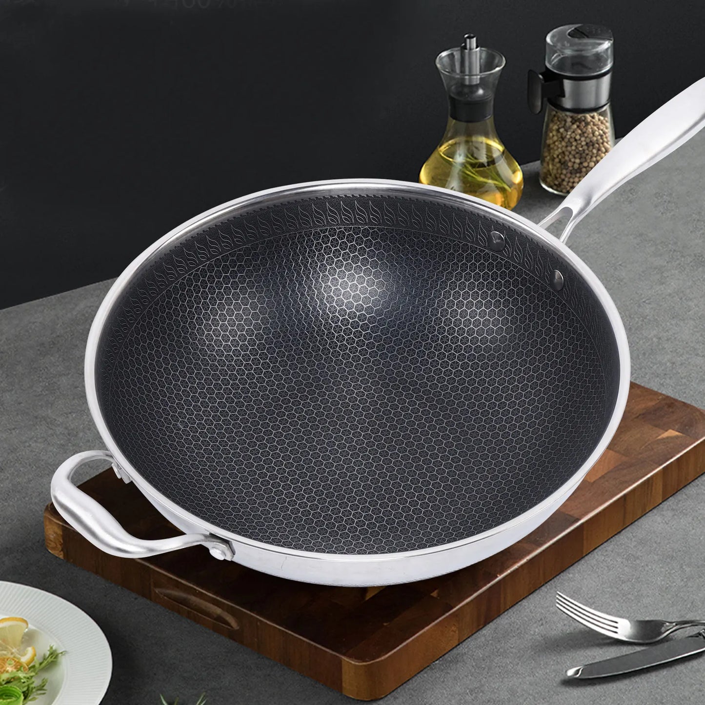 Stainless Steel Non Stick Honeycomb Wok with Glass Lid