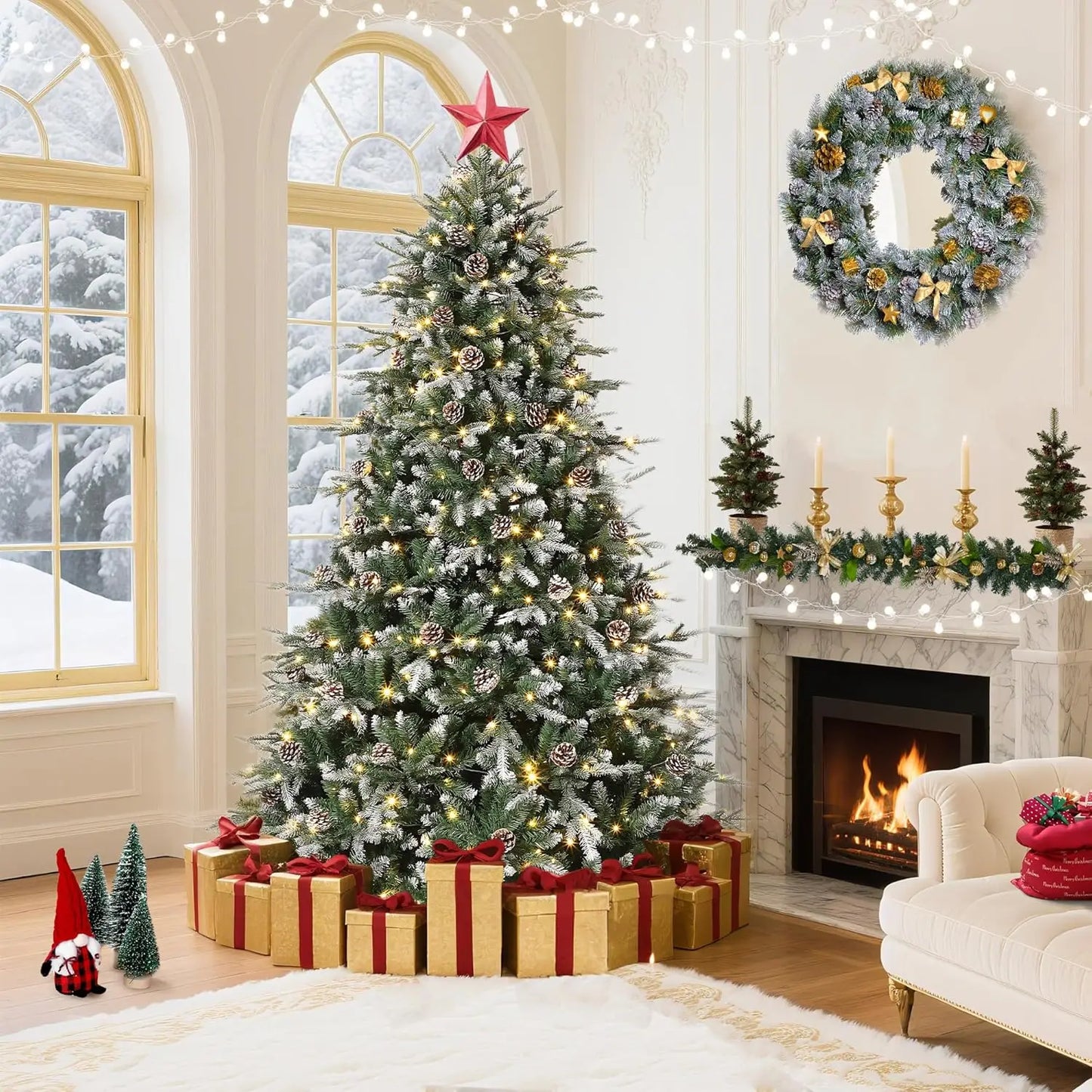 Premium Ultra-Realistic Prelit Snow-Flocked Christmas Tree With 8-Mode LED-Illuminated