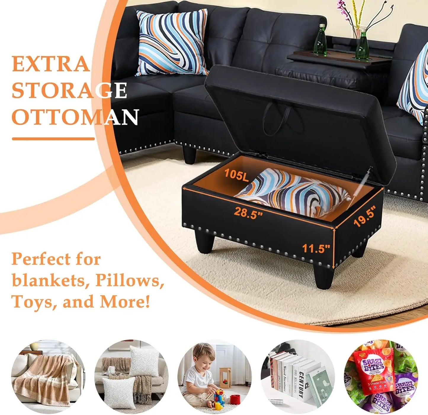 Modern L Shape Sectional Sofa with Ottoman and Pillows