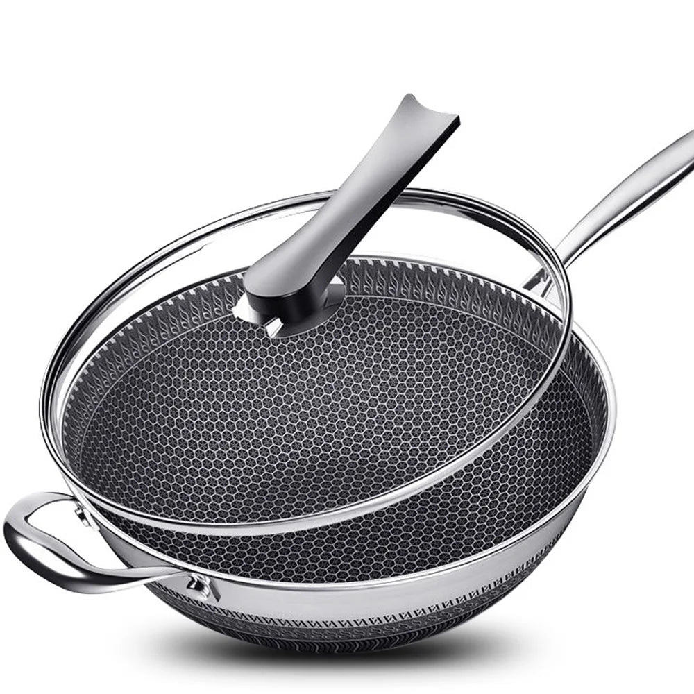 Stainless Steel Non Stick Honeycomb Wok with Glass Lid