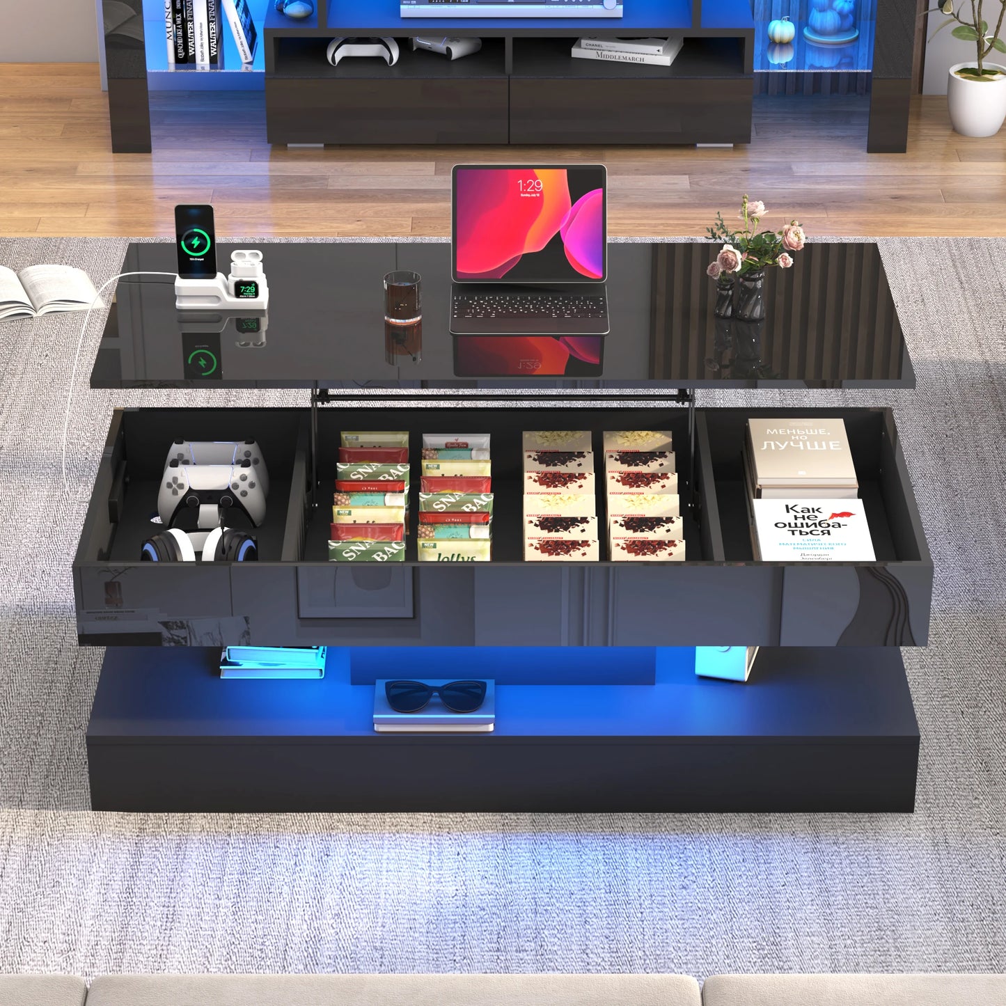 Modern LED Coffee Table with Open Display Shelf and Storage
