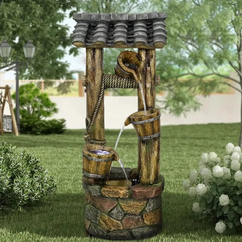 Rustic Wishing Well Water Fountain with Cascading Waterfall