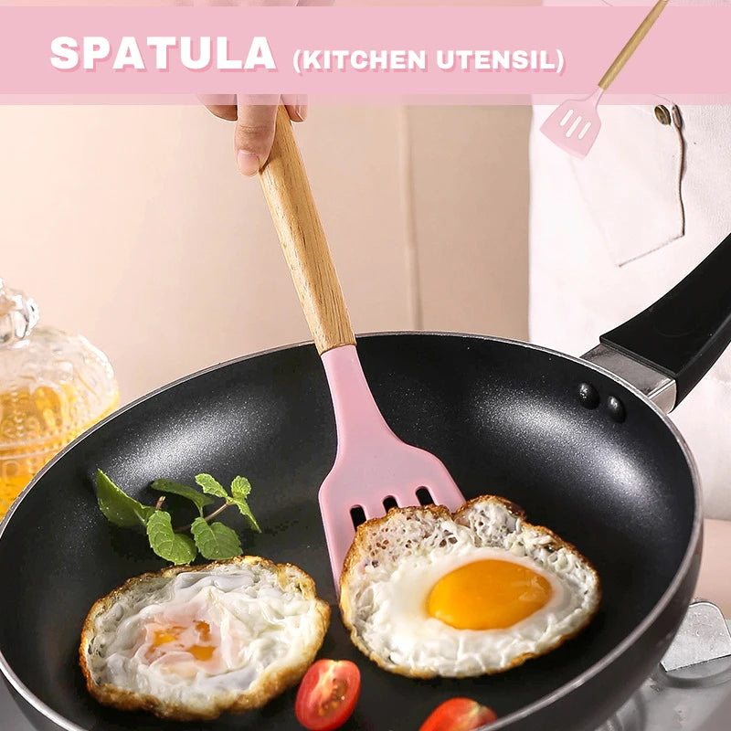 Silicone Kitchen Utensil Set with Wooden Handles for Cooking