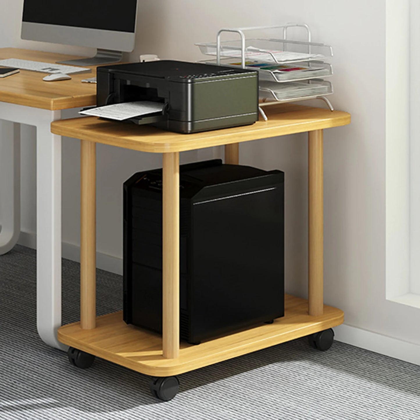 360 Degree Swivel Solid Wood Side Table With Tiered Shelf