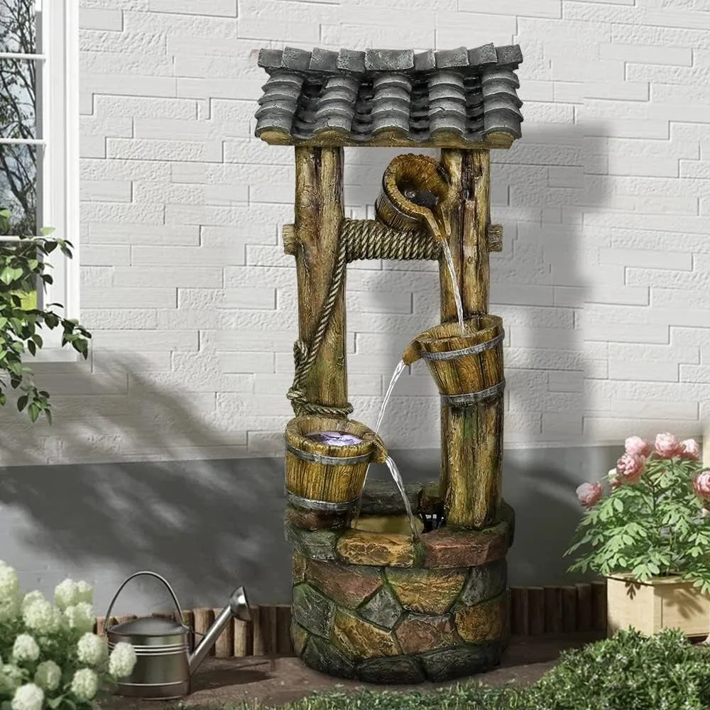 Rustic Wishing Well Water Fountain with Cascading Waterfall