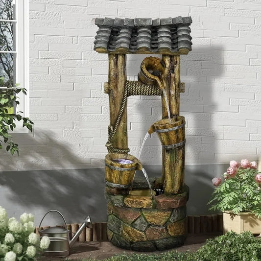 Rustic Wishing Well Water Fountain with Cascading Waterfall