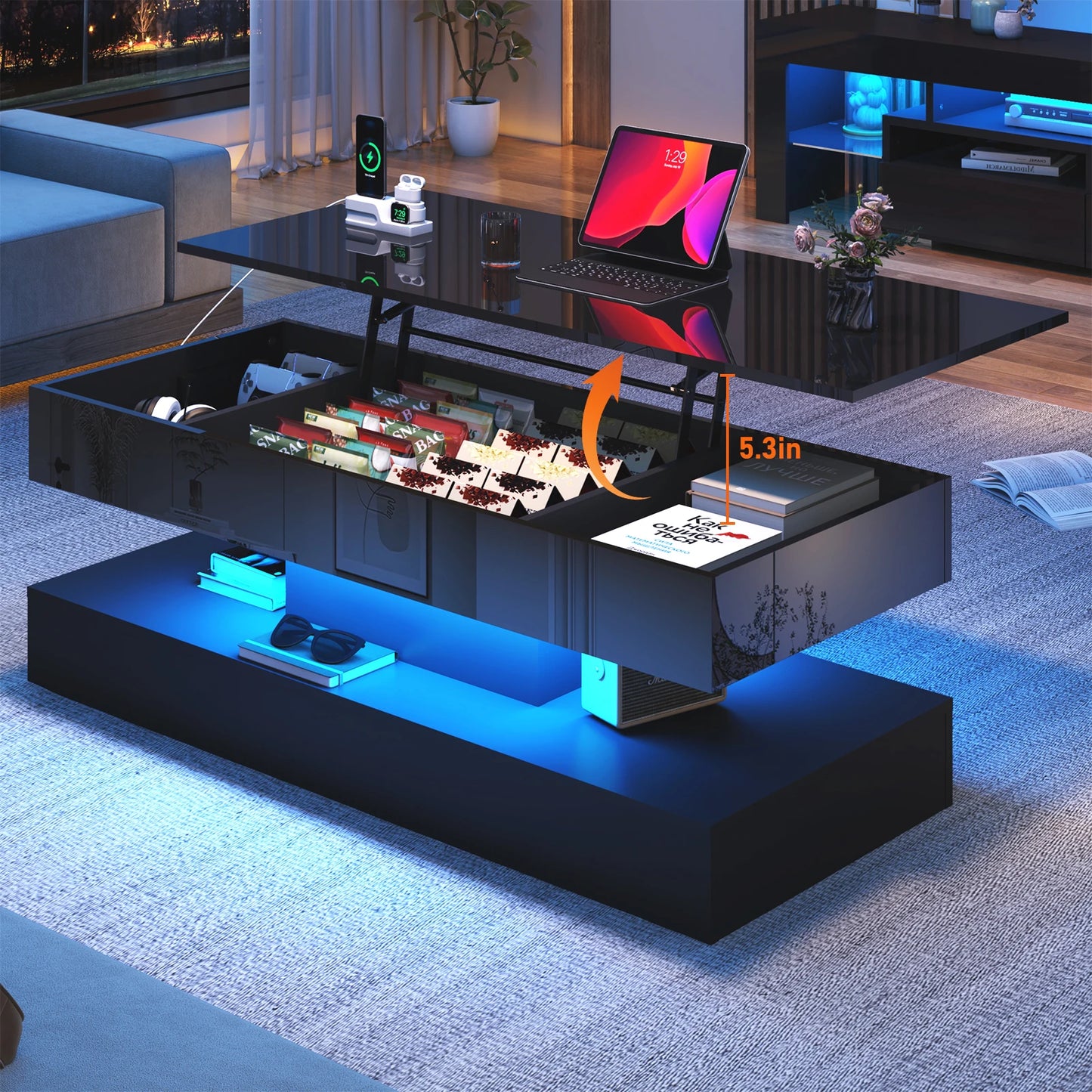 Modern LED Coffee Table with Open Display Shelf and Storage