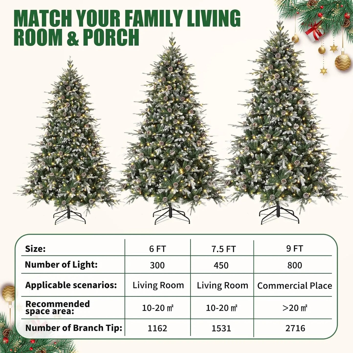 Luxurious Snowflocked Christmas Tree Featuring Eight Mode LED Lighting Pinecones