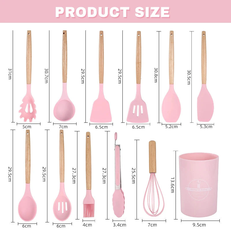Silicone Kitchen Utensil Set with Wooden Handles for Cooking