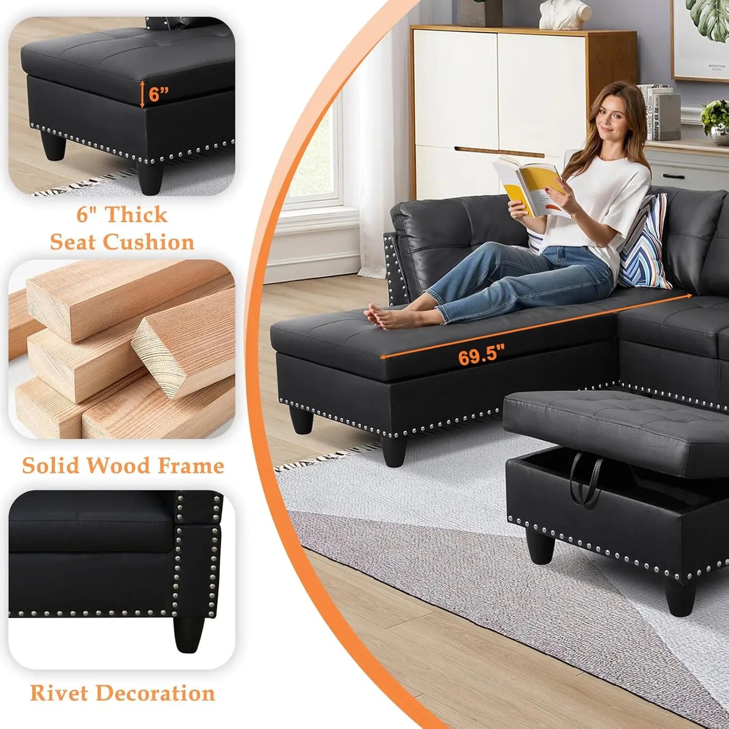 Modern L Shape Sectional Sofa with Ottoman and Pillows