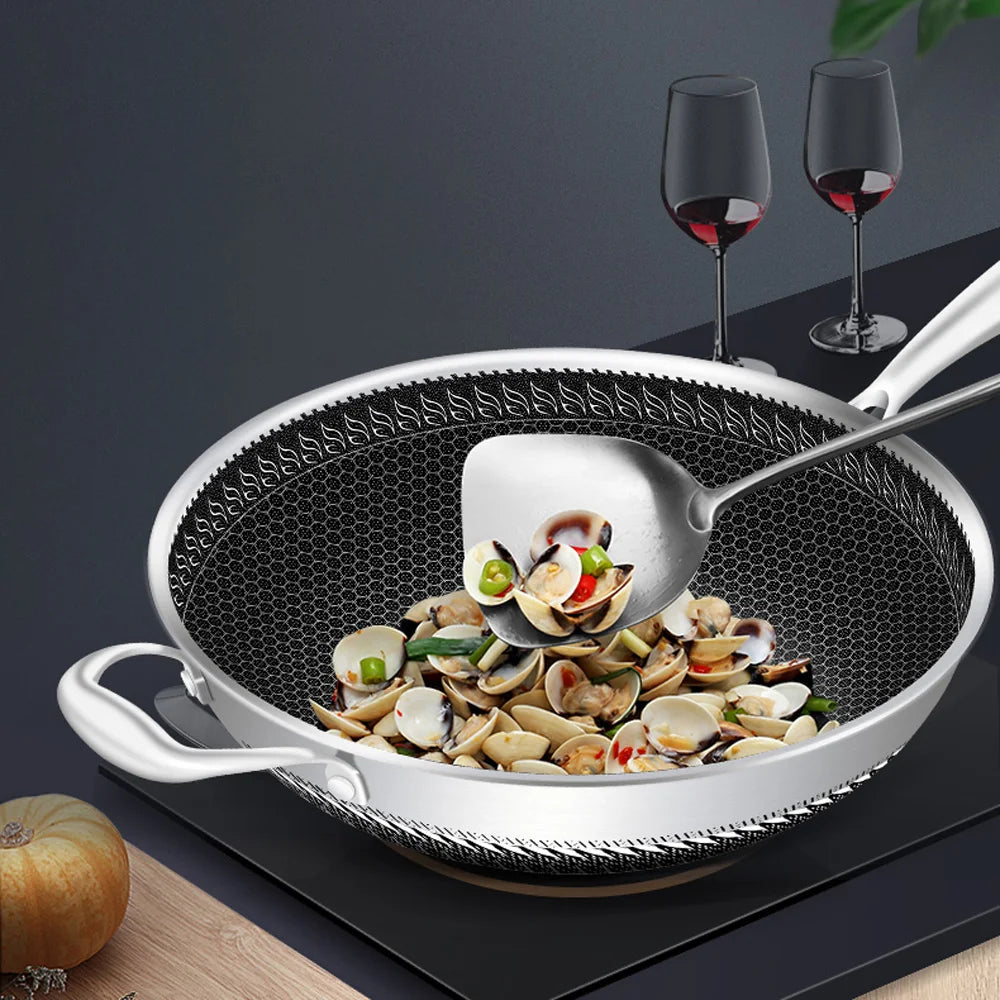 Stainless Steel Non Stick Honeycomb Wok with Glass Lid