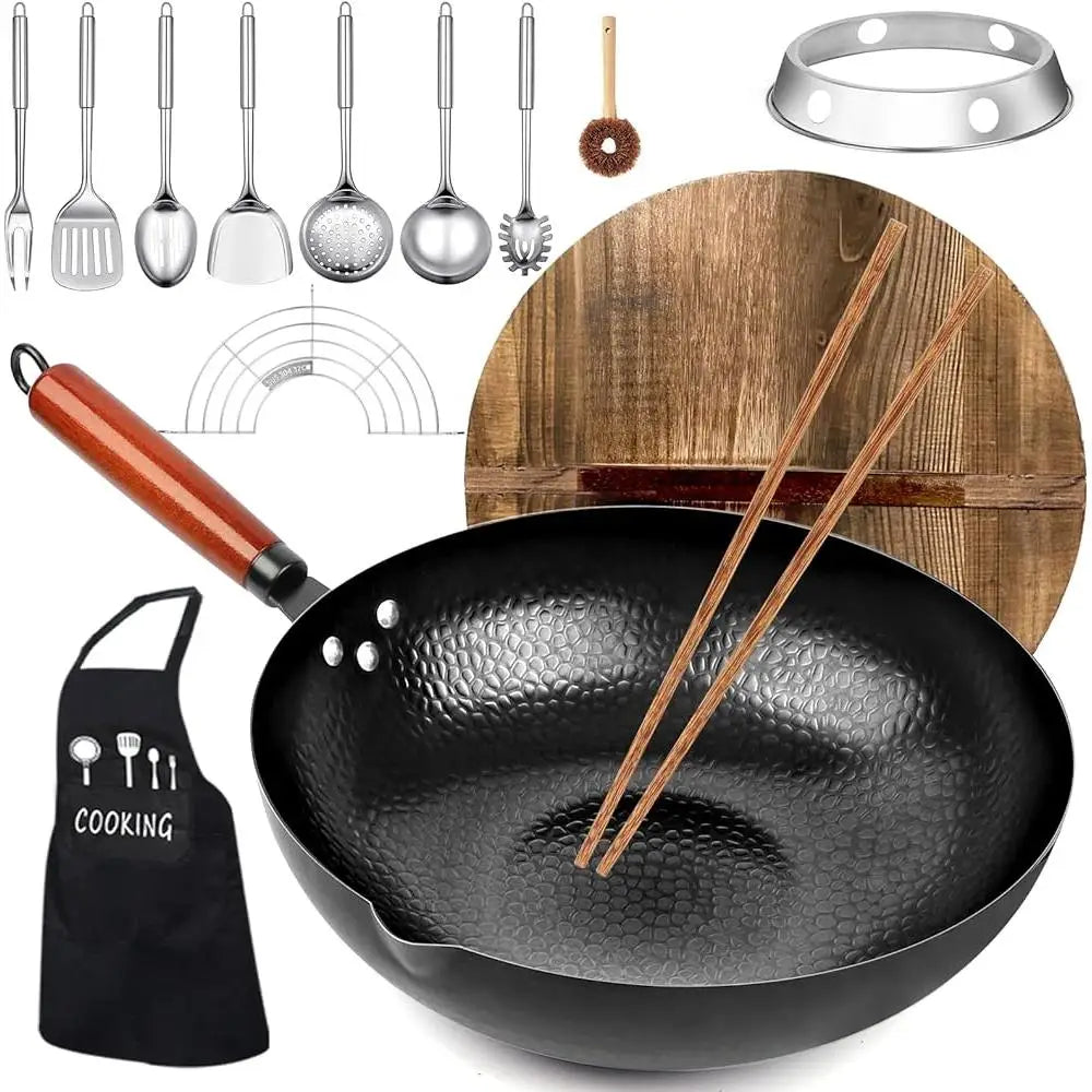 14 Piece Wok Pan Set with Wooden Lid and Utensils