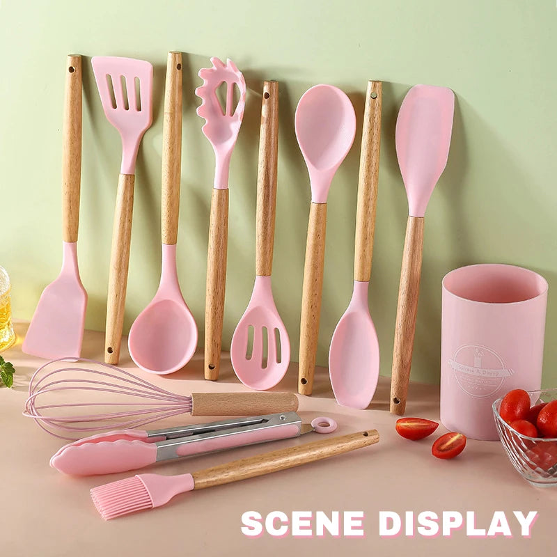 Silicone Kitchen Utensil Set with Wooden Handles for Cooking