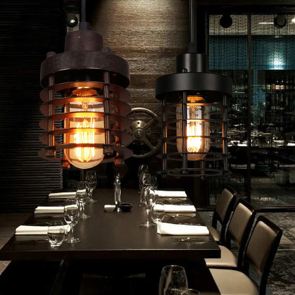 Rustic Vintage Industrial Iron Cage Lampshade Pendant Light Hanging Ceiling Lamp Adjustable Chain for  Bedroom, Dining Room