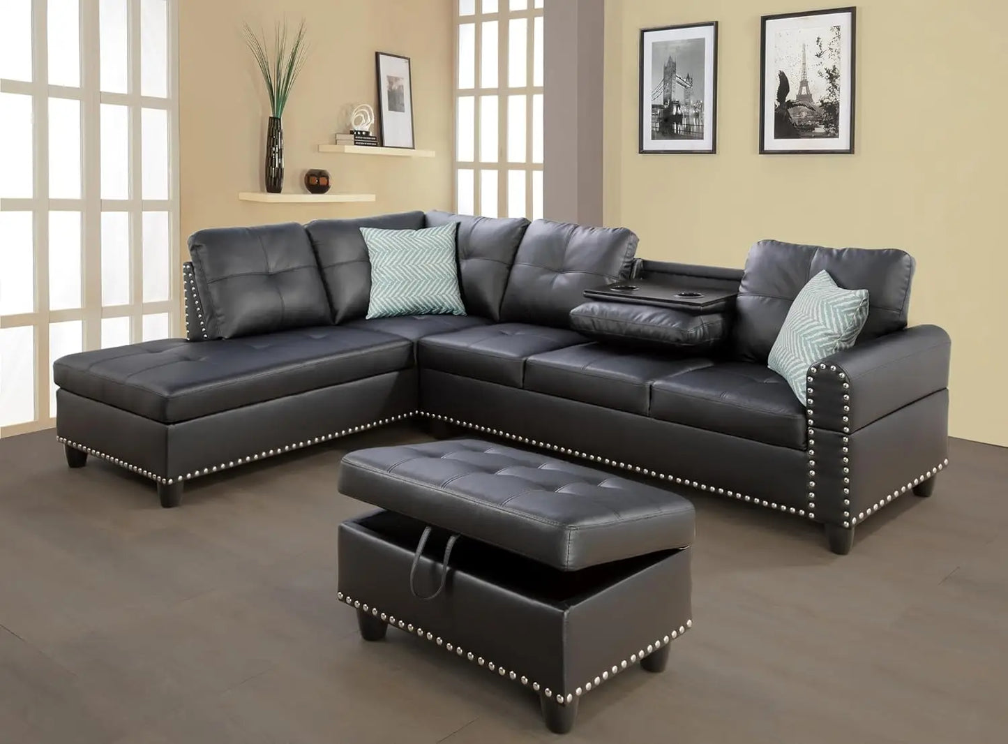 Modern L Shape Sectional Sofa with Ottoman and Pillows