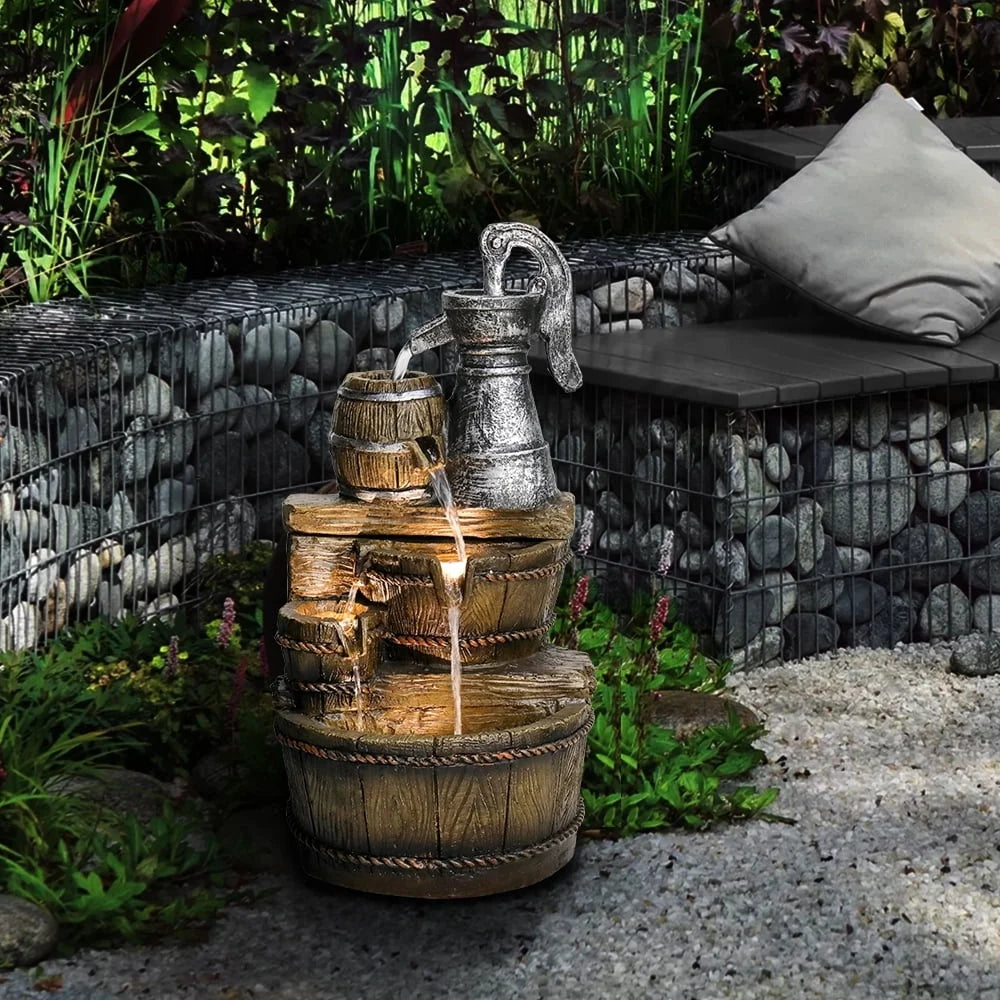Rustic Barrel 5 Tier Outdoor Fountain with LED Lights
