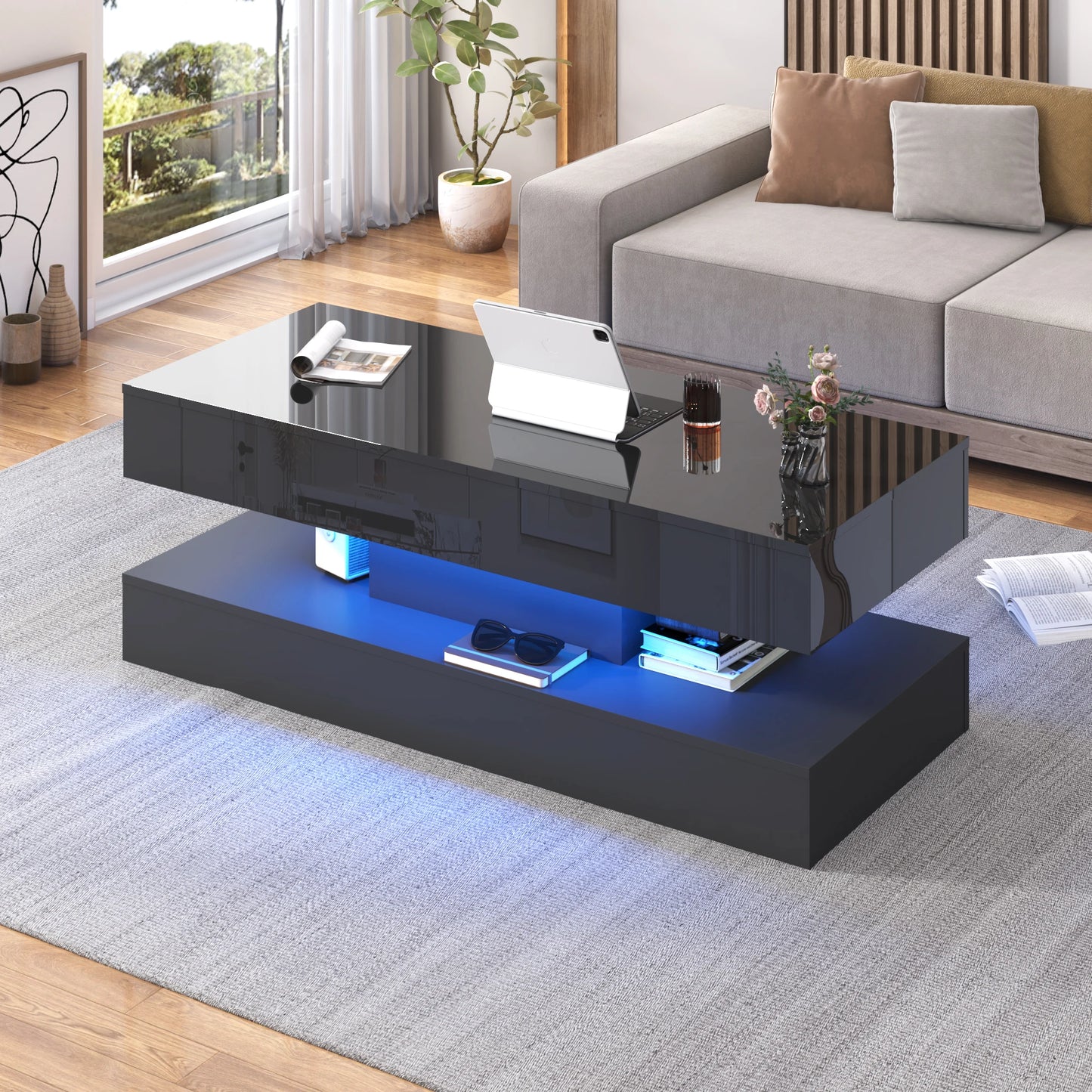 Modern LED Coffee Table with Open Display Shelf and Storage