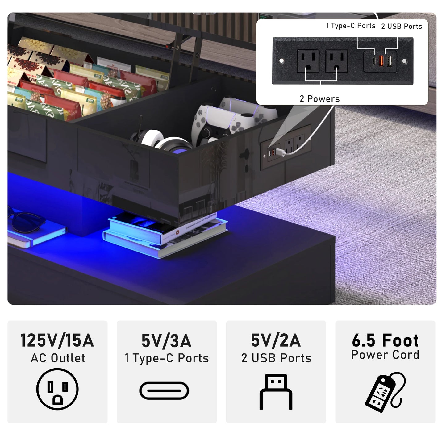 Modern LED Coffee Table with Open Display Shelf and Storage