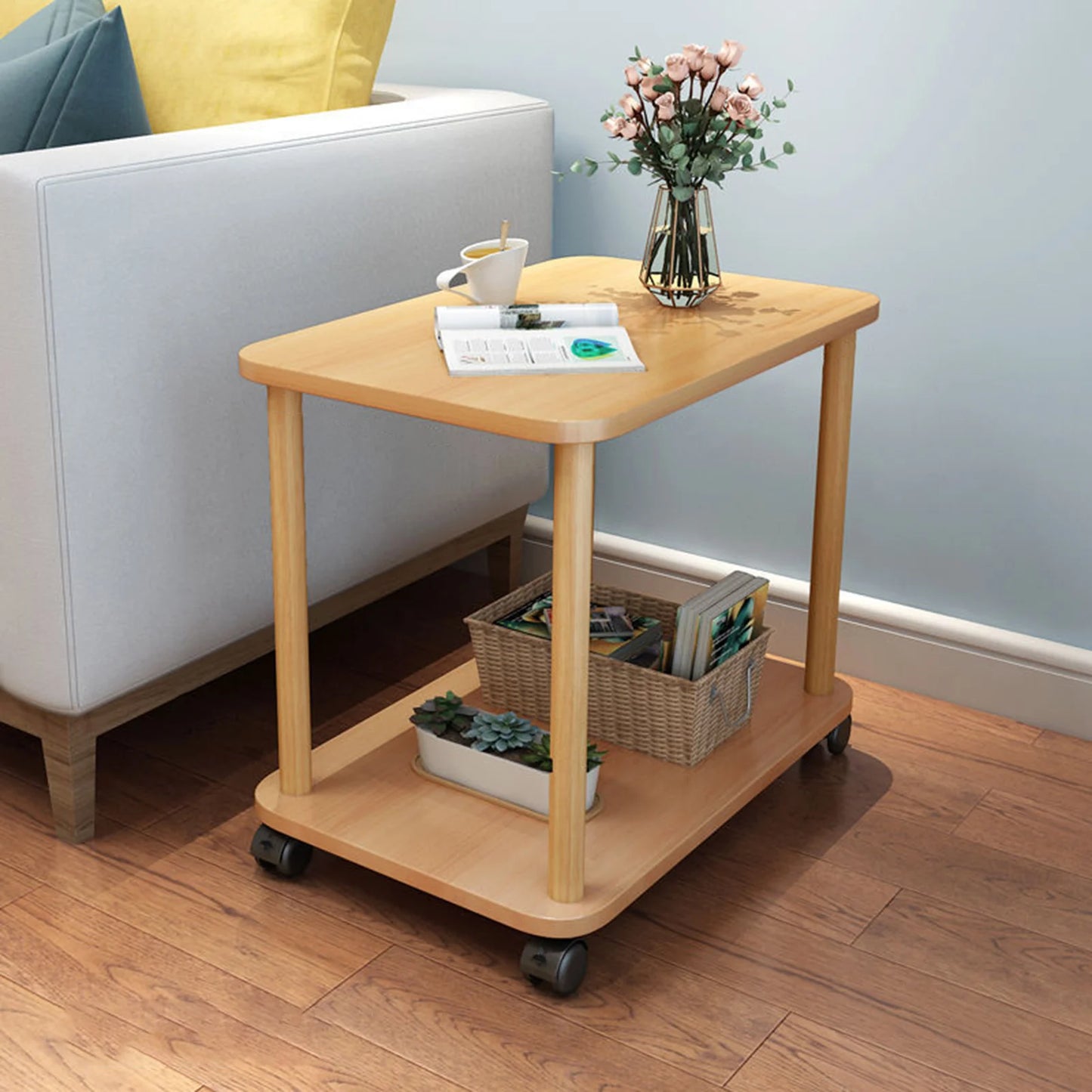 360 Degree Swivel Solid Wood Side Table With Tiered Shelf
