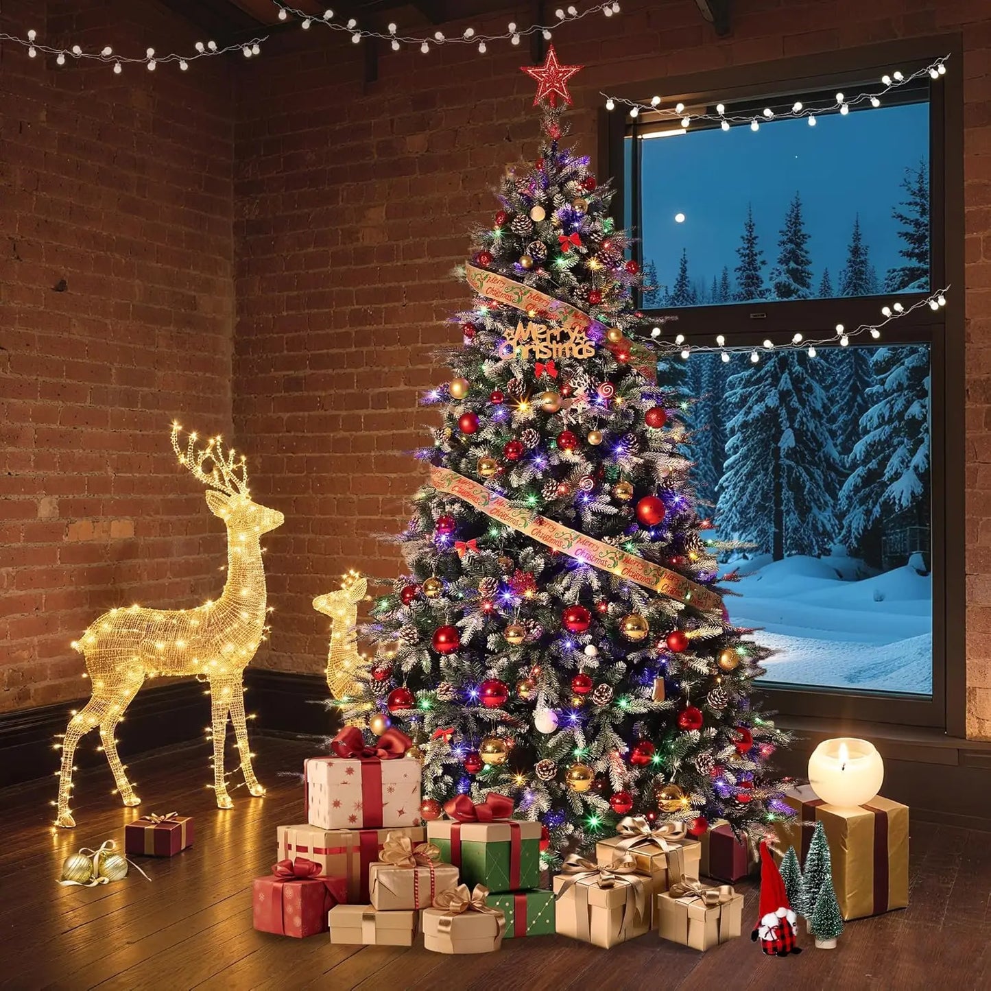 Luxurious Snowflocked Christmas Tree Featuring Eight Mode LED Lighting Pinecones