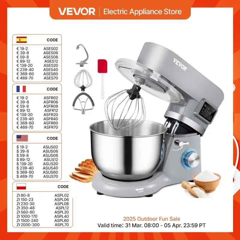 VEVOR 5.5/7L Electric Stand Mixer with 6 Speeds LCD Screen