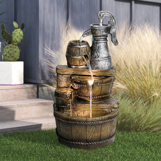 Rustic Barrel 5 Tier Outdoor Fountain with LED Lights