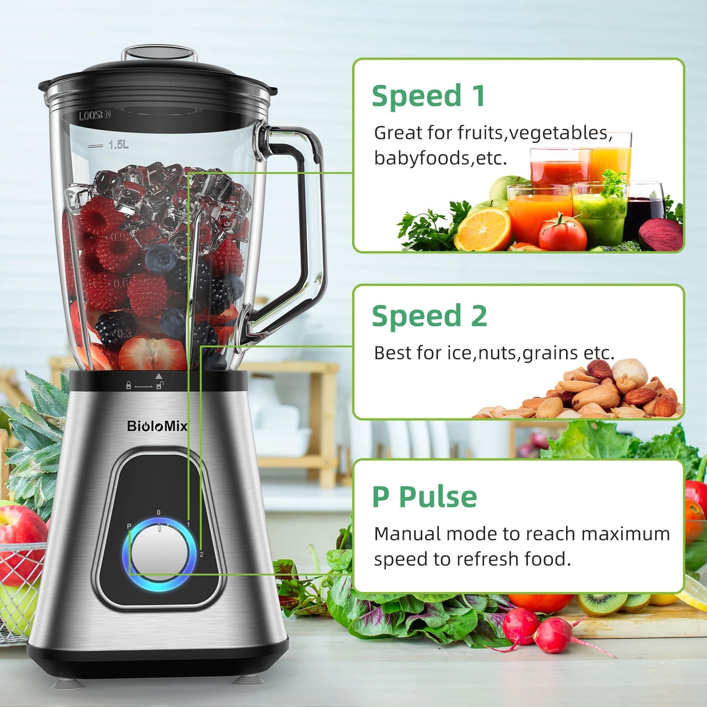BioloMix Smoothie Blender for Frozen Fruit Drinks and Sauces
