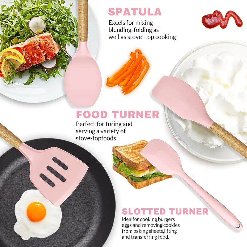 Silicone Kitchen Utensil Set with Wooden Handles for Cooking