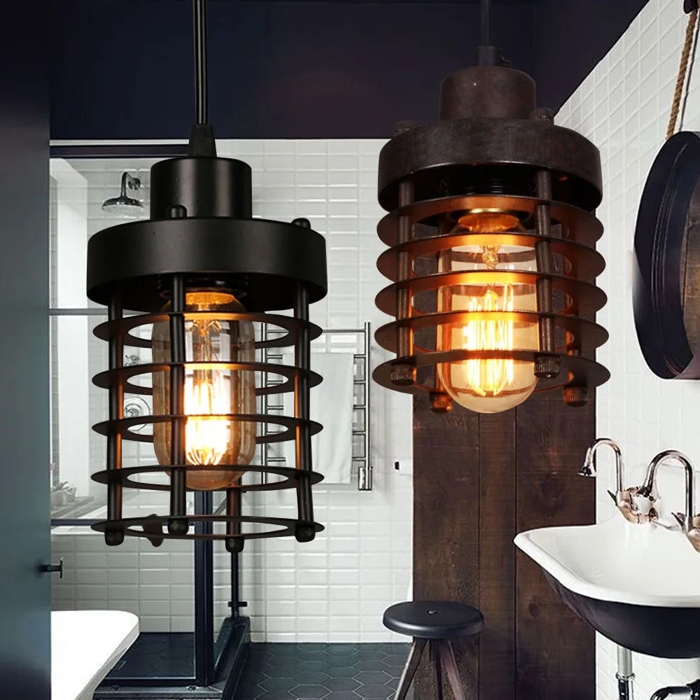 Rustic Vintage Industrial Iron Cage Lampshade Pendant Light Hanging Ceiling Lamp Adjustable Chain for  Bedroom, Dining Room