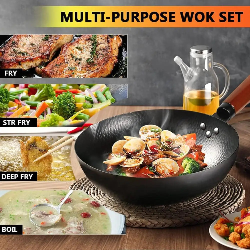 14 Piece Wok Pan Set with Wooden Lid and Utensils