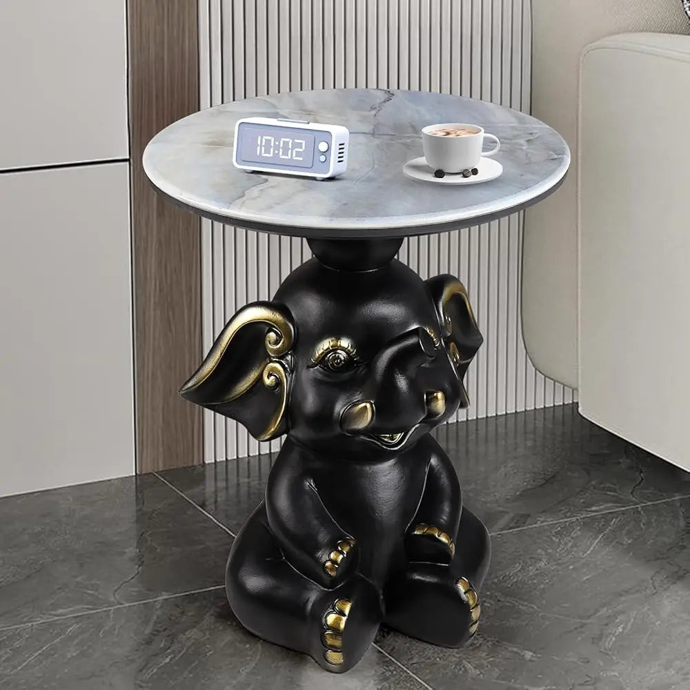 Contemporary Elephant Base Side Table With Faux Marble Top