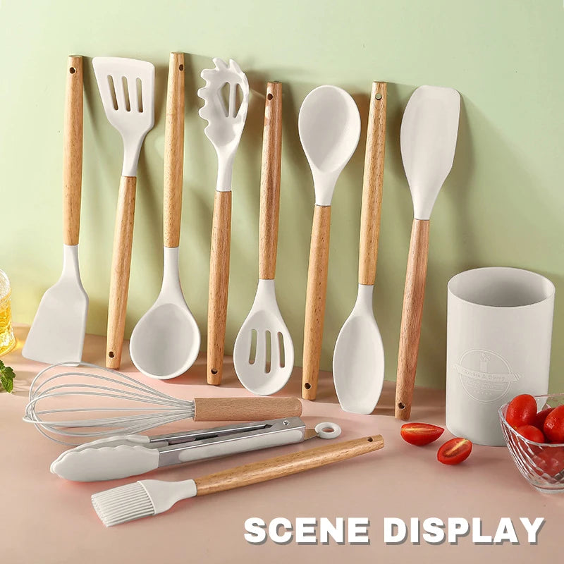 Silicone Kitchen Utensil Set with Wooden Handles for Cooking
