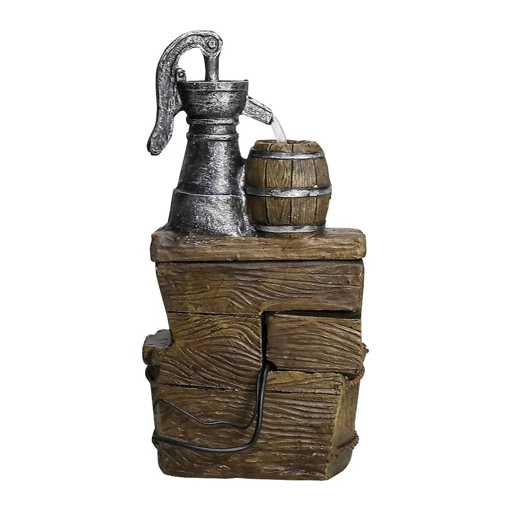 Rustic Barrel 5 Tier Outdoor Fountain with LED Lights