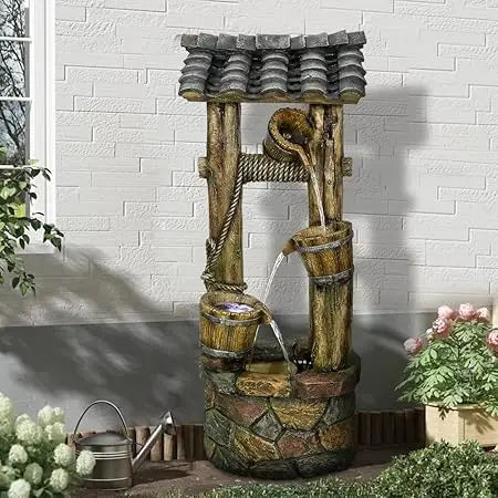 Rustic Wishing Well Water Fountain with Cascading Waterfall