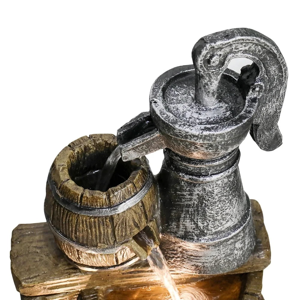 Rustic Barrel 5 Tier Outdoor Fountain with LED Lights