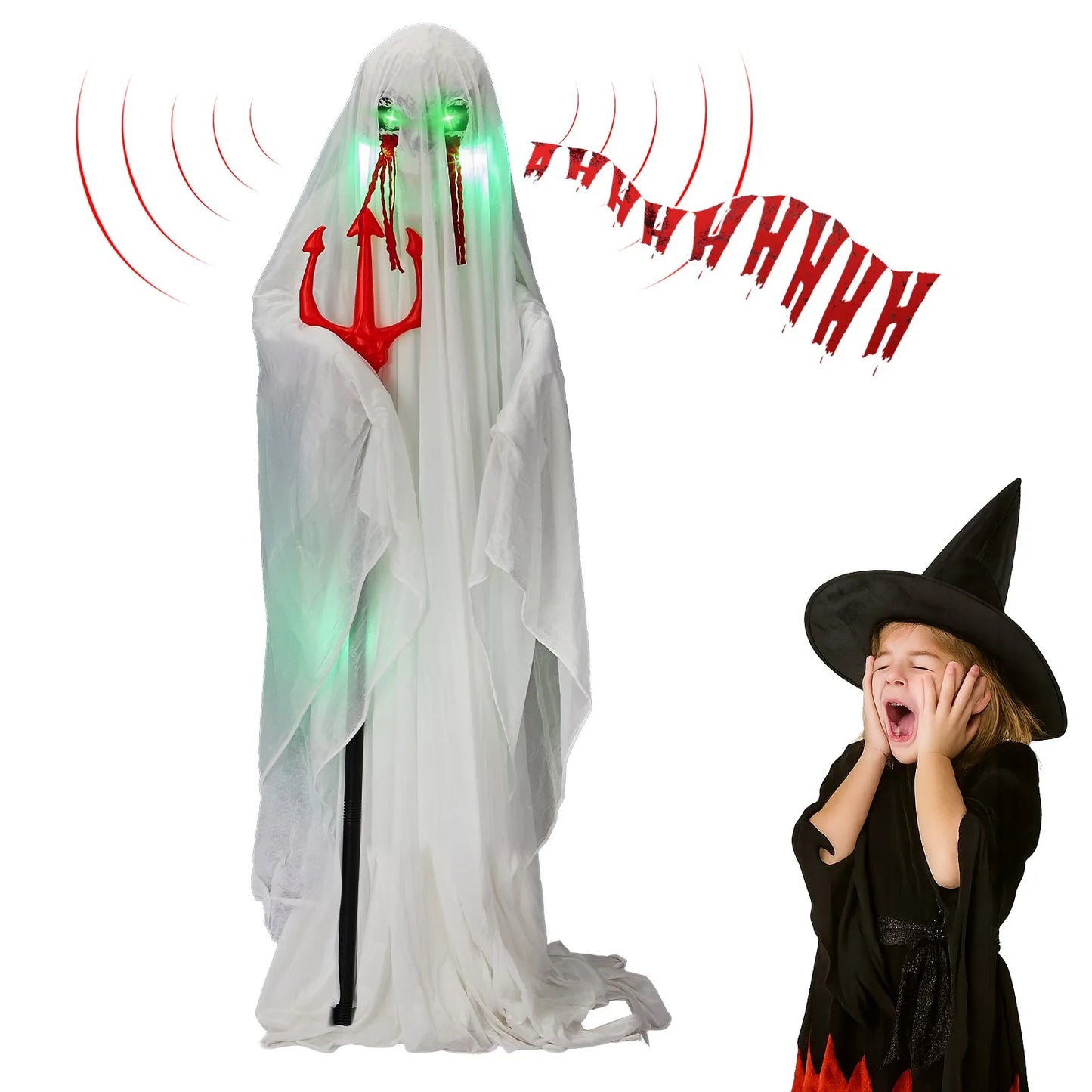 Lifelike Ghost Animatronic With Trident For Halloween Decor