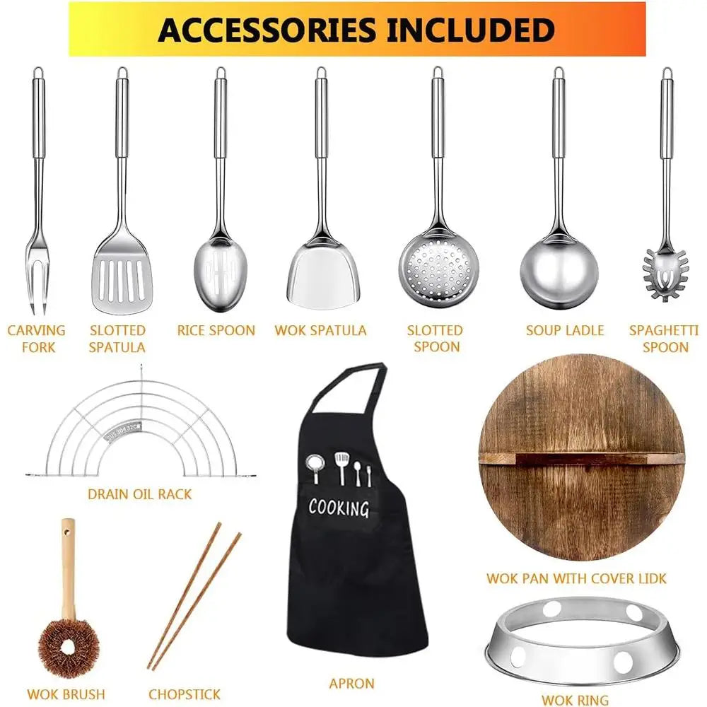 14 Piece Wok Pan Set with Wooden Lid and Utensils