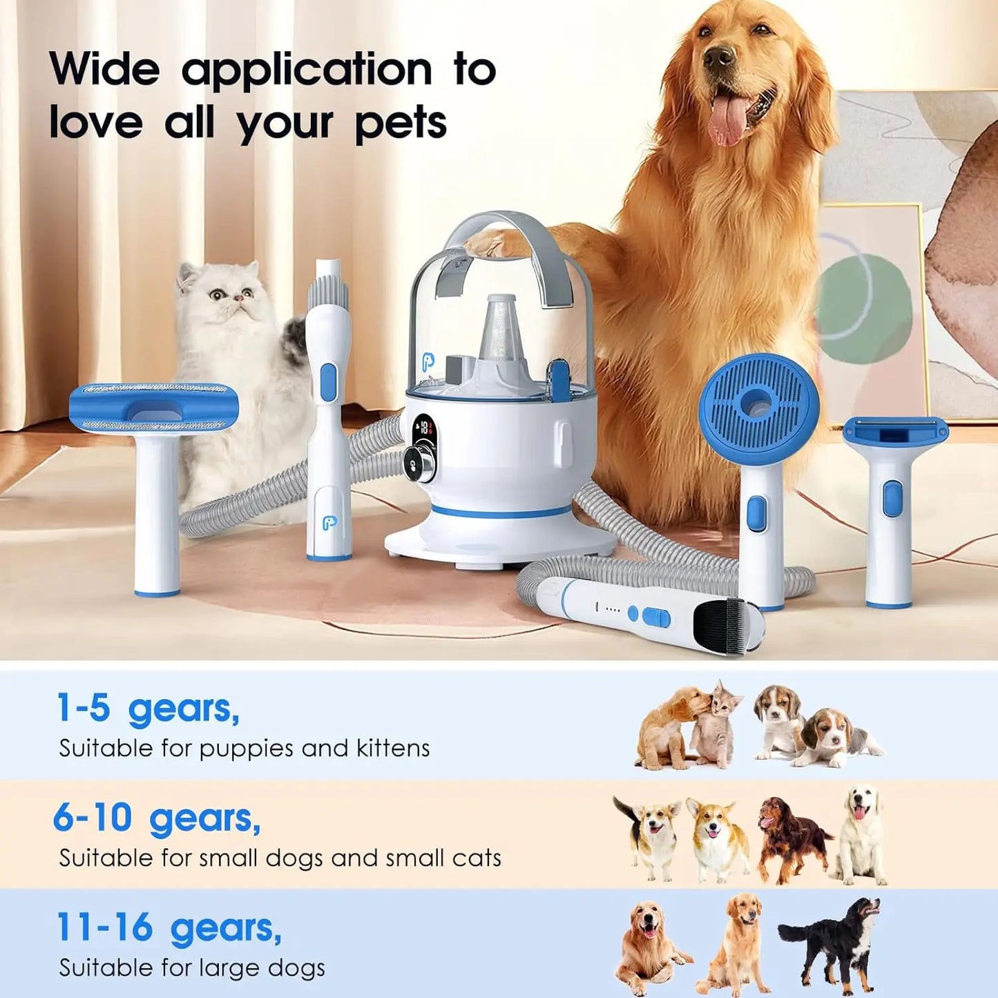 Professional Pet Grooming Vacuum with 5 Grooming Tools for Dogs Cats