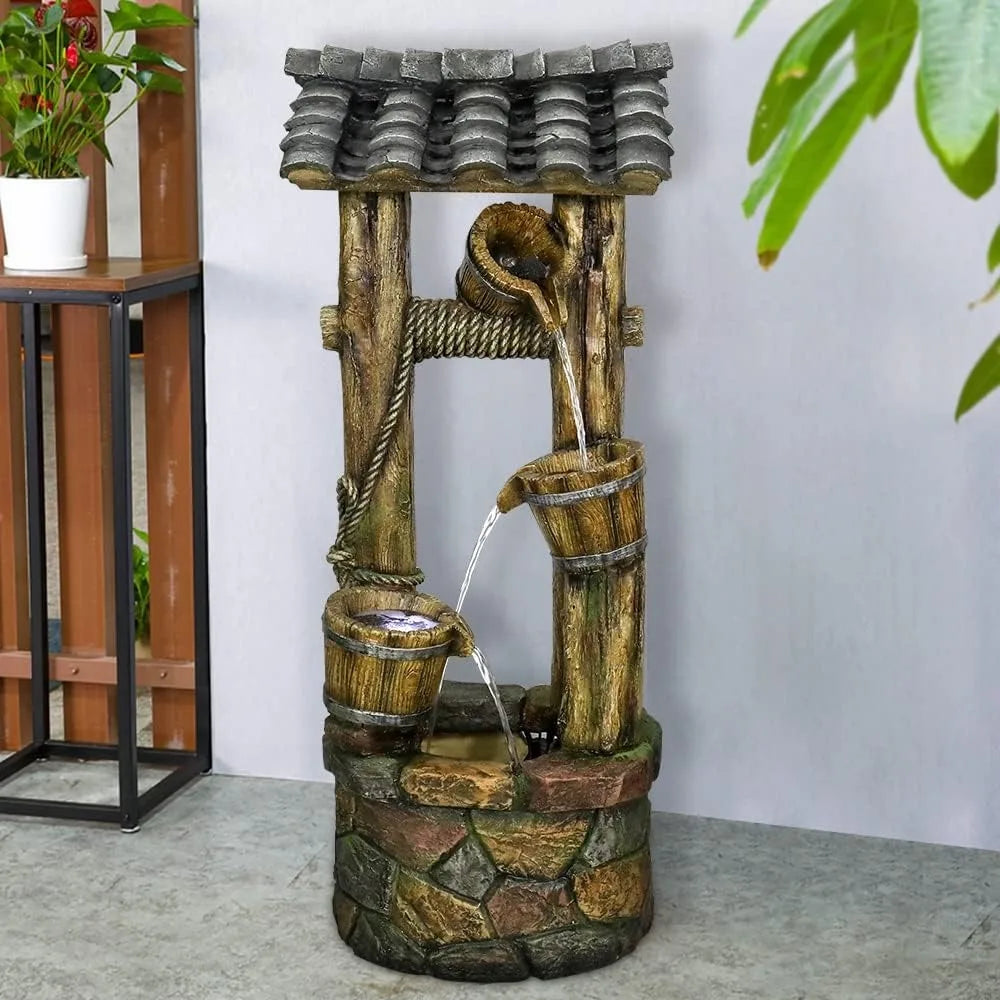 Rustic Wishing Well Water Fountain with Cascading Waterfall