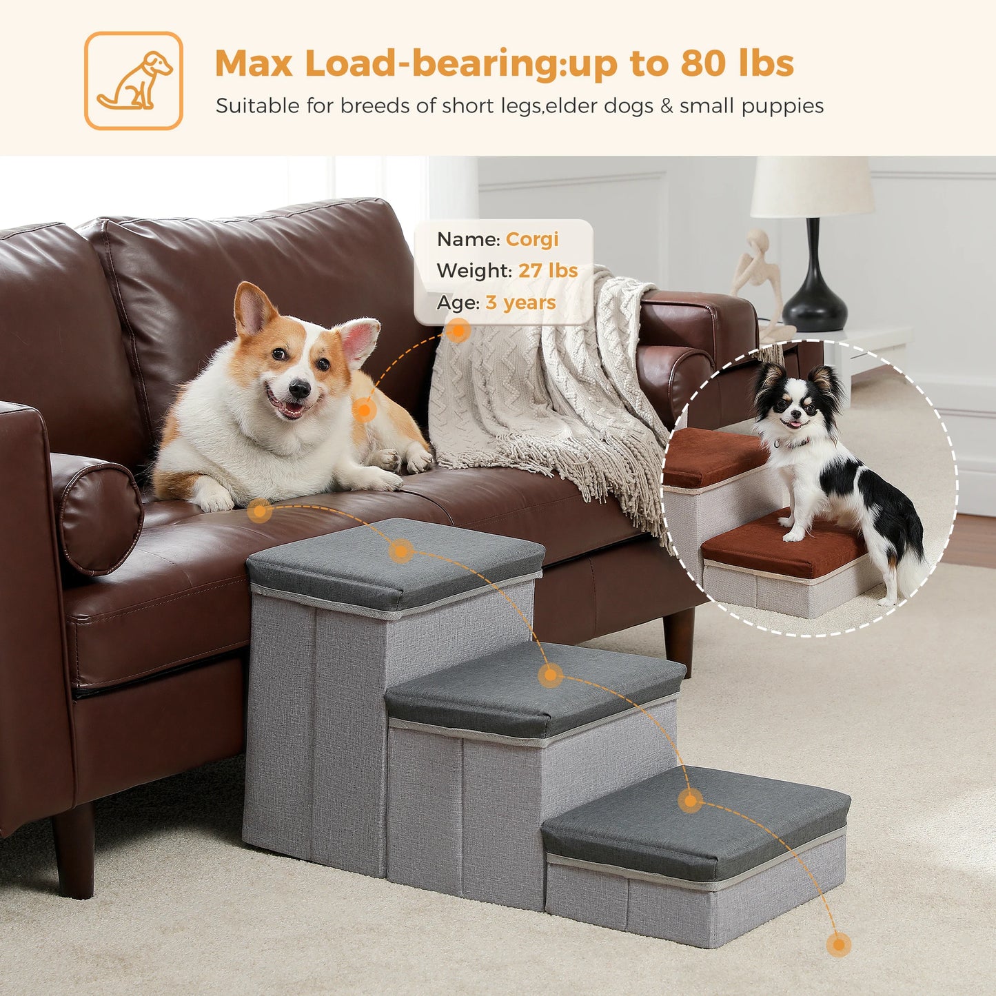 Foldable Dog Stairs with Storage Box for Small Pets
