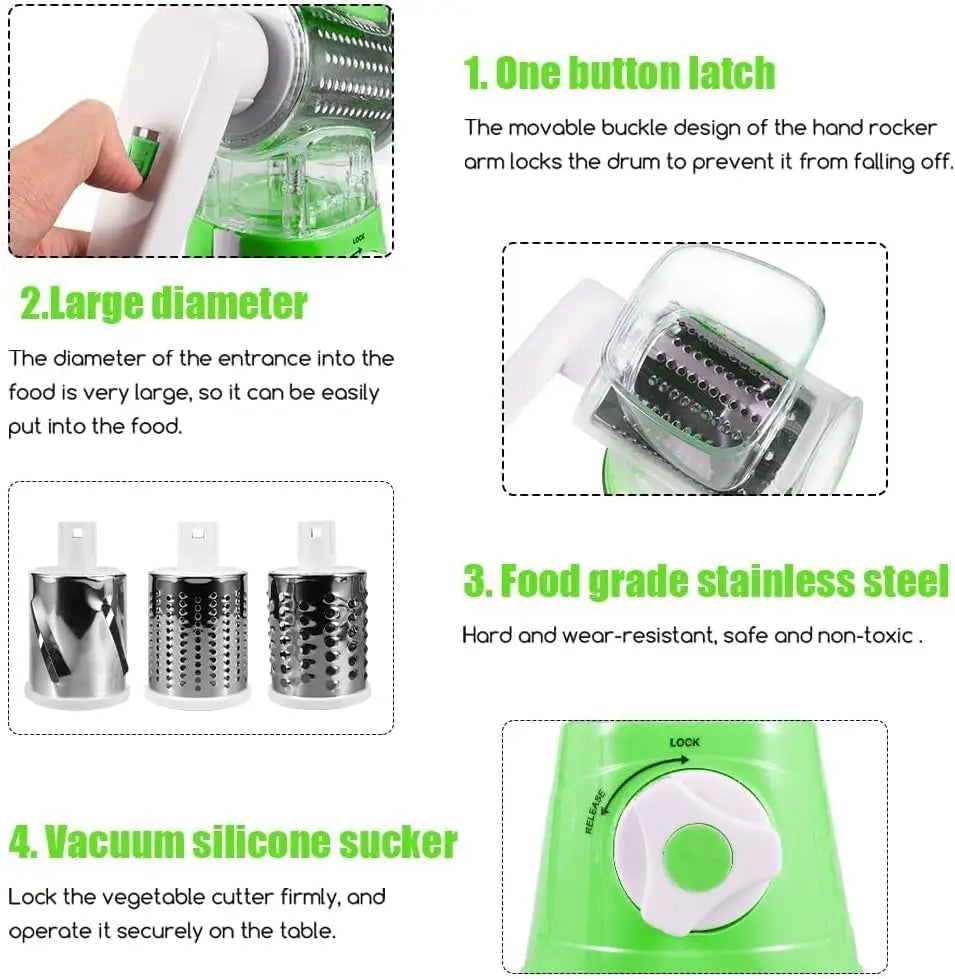Rotary Cheese Grater 3 in 1 Kitchen Vegetable Slicer