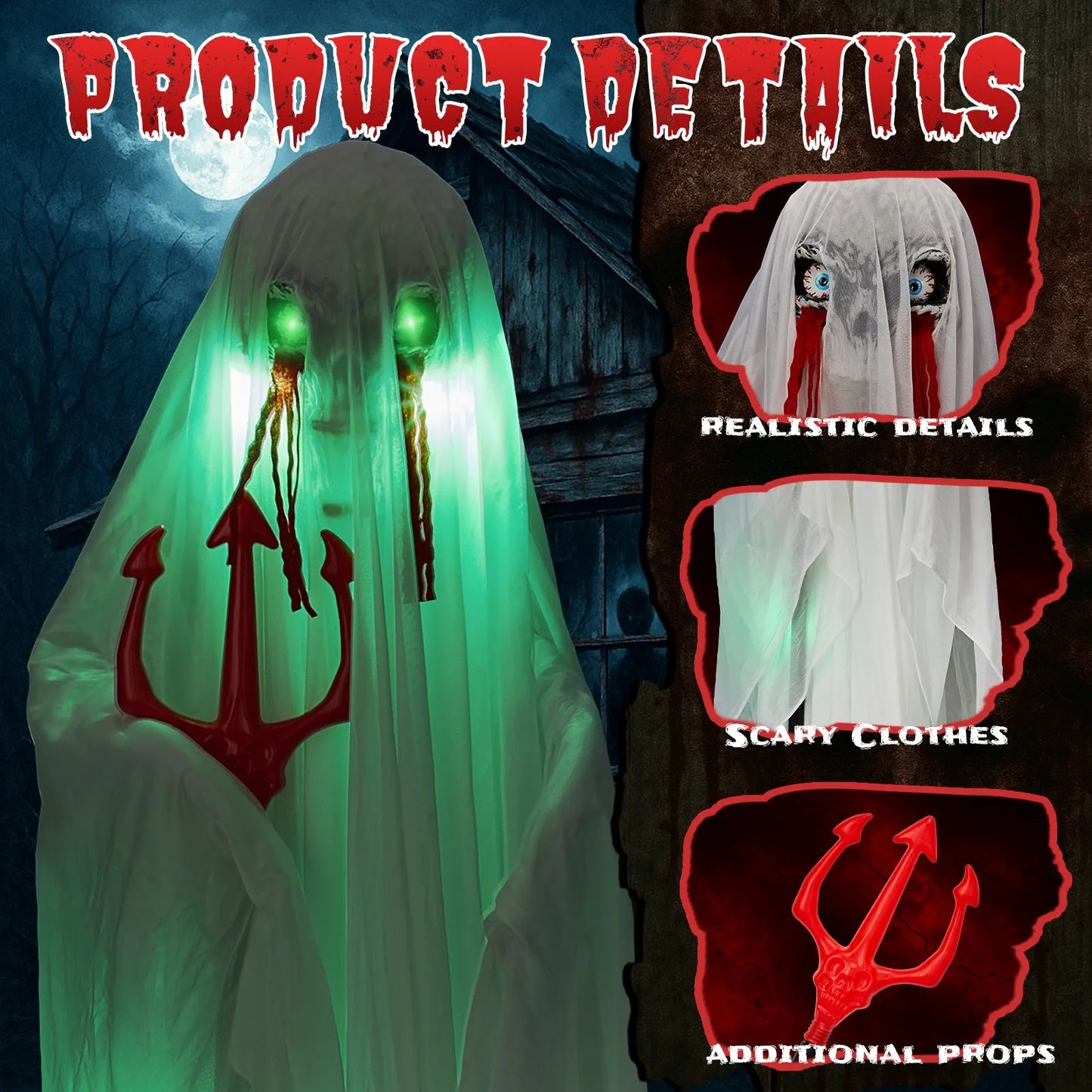 Lifelike Ghost Animatronic With Trident For Halloween Decor